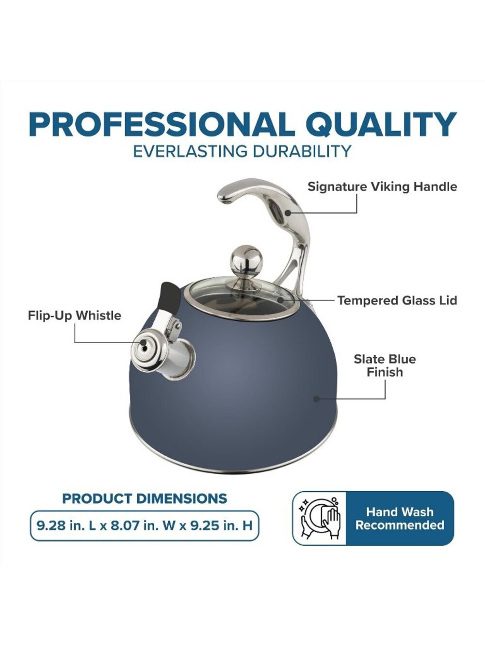 Viking  2.6 Qt 3-Ply Stainless Steel Kitchen Tea Kettles Slate Blue Induction - Picture 5 of 7